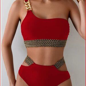 Red One-Shoulder Bikini with Chain Detail SMALL